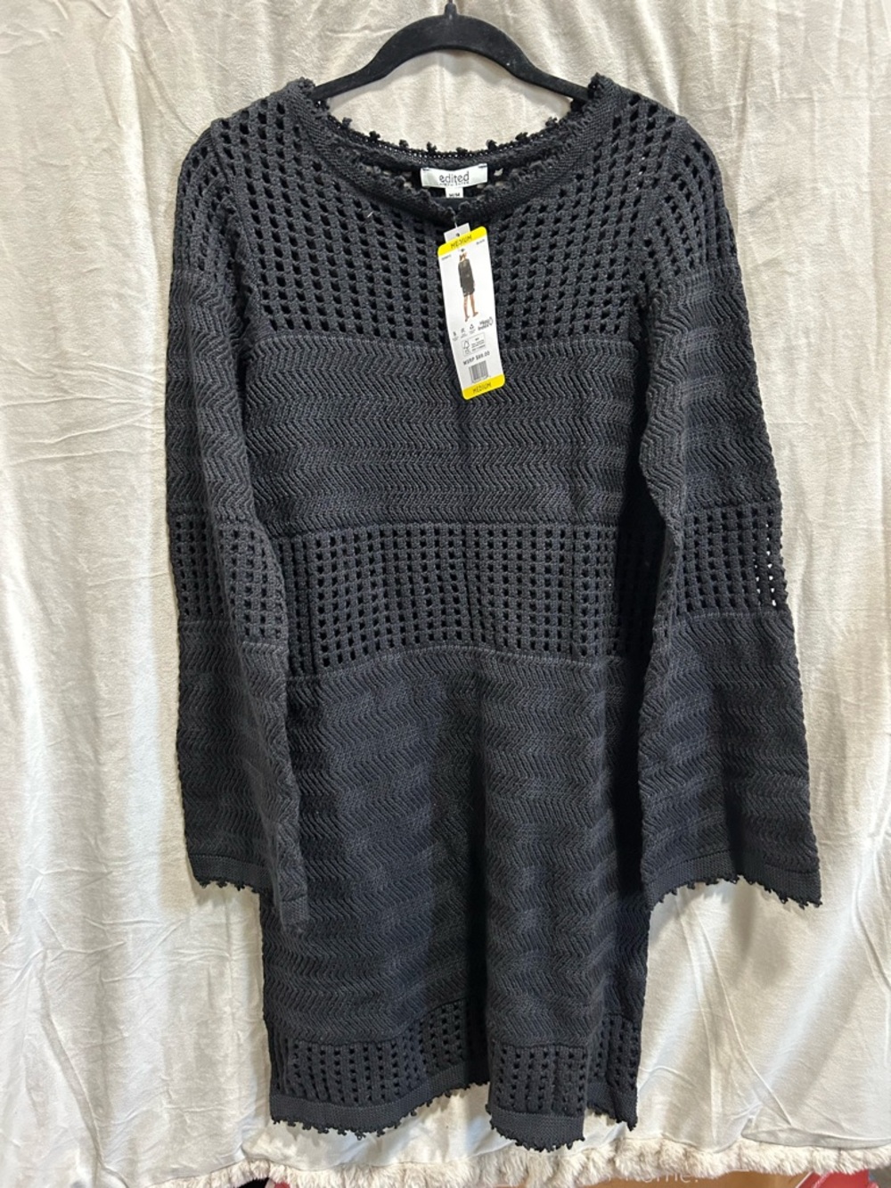 Black Crochet Knit Long-Sleeve Dress